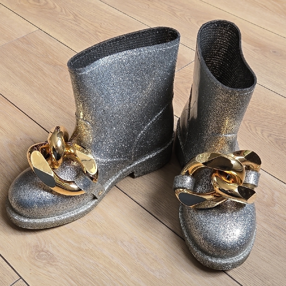 JW Anderson Silver Glitter Ankle Boots with Gold Chain Accent Sz Eu 39